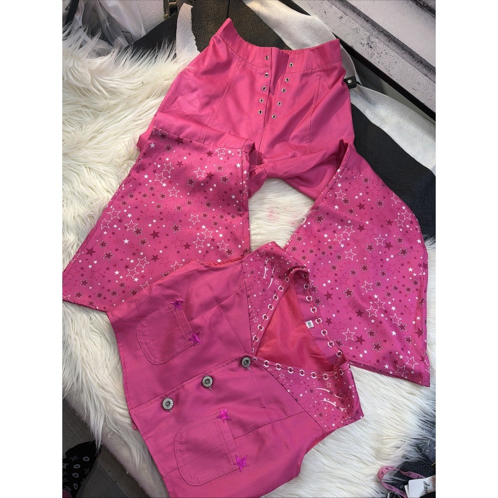 Barbie Youth Pink Cowgirl Costume  Set Flare Pants, Vest Pink Stars Barbie Movie